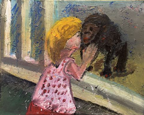 Zoo Pals - A blonde girl in a pink dress at the glass, face to face with the dark ape on the other side.