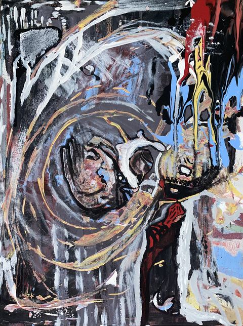 Xman Dies (Reaper) - A figure curled inside the spiral — going under or coming around.