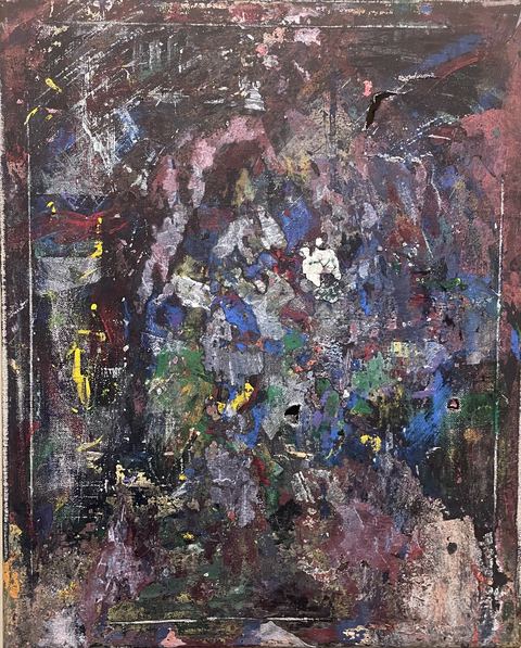 Dulcinea II - A dark, densely worked field holds buried pink, blue, and green color beneath a blackened surface.