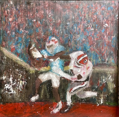 28-10 - A football player in blue and white collides with a red-and-white figure or helmet shape against a gray-blue, red…