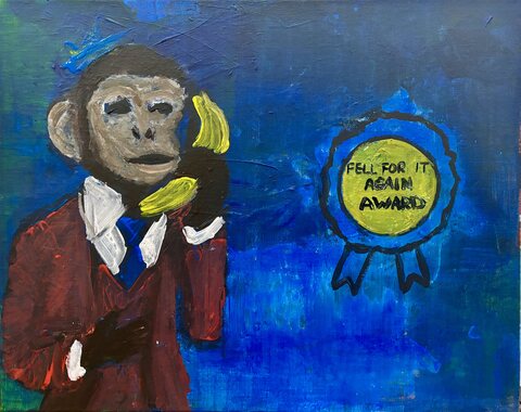 Fell For It Again - A monkey-like suited figure stands on the left against a blue field, holding yellow bananas near its face like a…