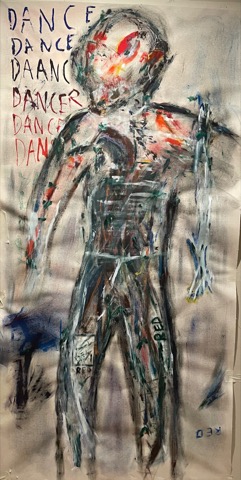 Dancer - A red-and-black figure moves against a gray field in a tall portrait composition.