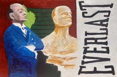 Cassius - A blue-jacketed figure stands at left beside a pale bust against a dark green field, with large vertical black…