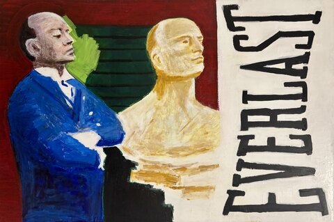 Cassius - A blue-jacketed figure stands at left beside a pale bust against a dark green field, with large vertical black…