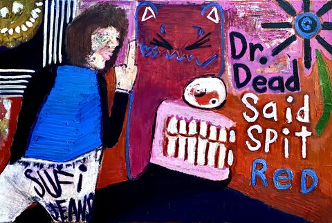 FREE SPITRED - A magenta and orange scene shows a blue-jacketed figure at left, a red block-like creature in the center, a pink…