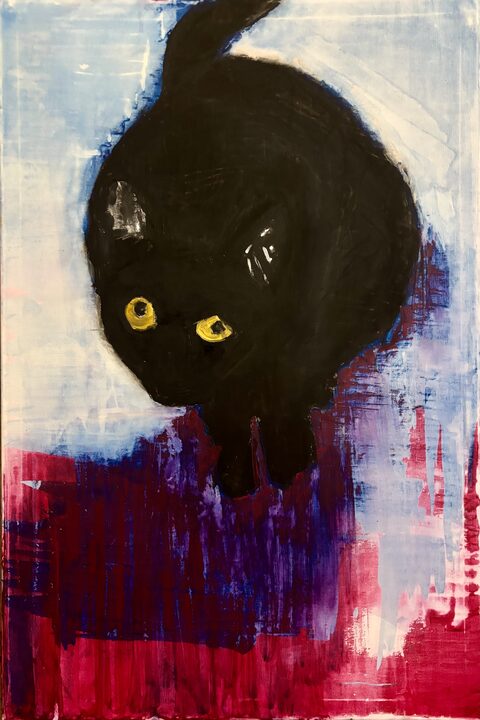 Birthday Boy - A tall acrylic painting shows a large rounded black figure or head with two yellow eyes, a pale blue-white…