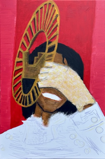 Hollow Purple - A portrait-format painting shows Michael Jackson smiling against a red field, with a white rhinestone glove covering…