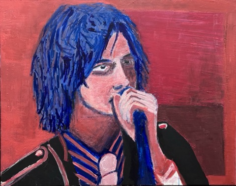 Julian Casablancas - A landscape-format close-up portrait shows a blue-haired figure looking to the side with one hand covering the mouth.