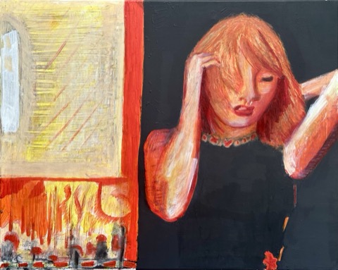All Day - A landscape-format painting shows Taylor Swift with orange-blonde hair, wearing a sleeveless black dress and a short…