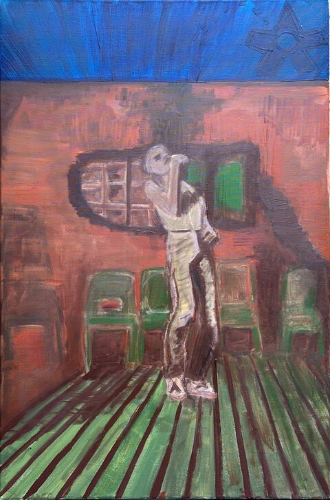 Underwater Level - A portrait-format painting shows a pale figure standing with its head tilted upward in a red-walled interior.