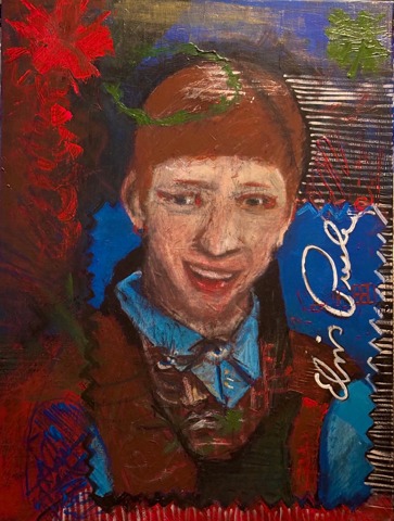 Portrait of Bad Luck Brian, a grinning red-haired man in a blue collar and brown jacket, a green vine curling over his head. A darker portrait of Elvis appears in his chest. A red flower and a green leaf in the upper corners; white cursive script runs down the blue field at right.