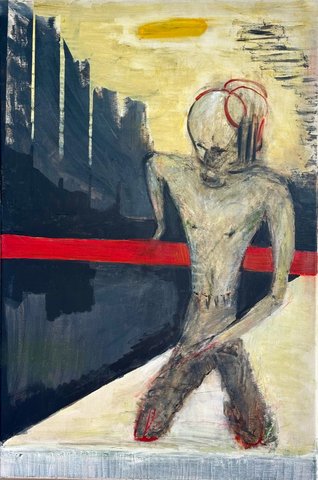 A gaunt gray figure crouches with head bowed, red lines looping over the skull and tracing the feet. A red band cuts across a dark skyline behind him, under a small yellow sun.
