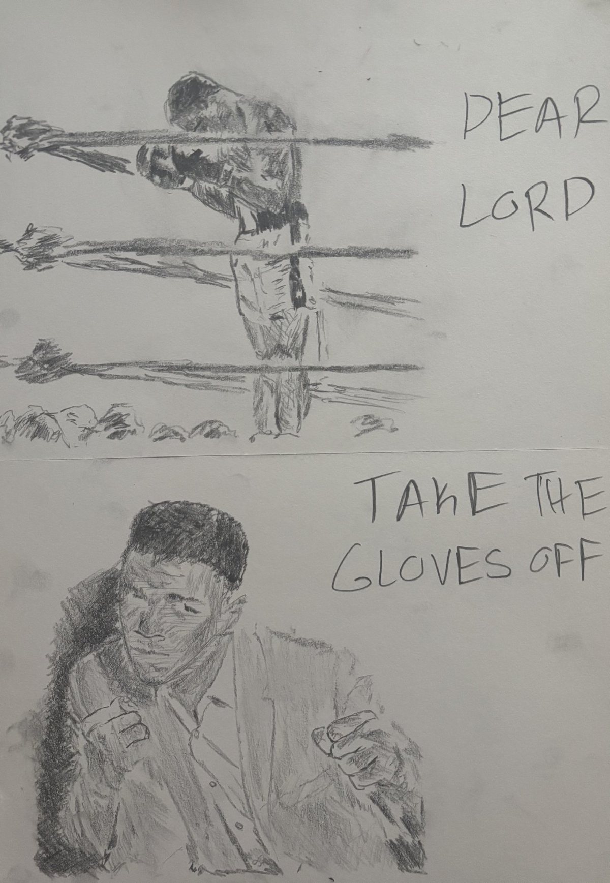 DEAR LORD, TAKE THE GLOVES OFF — title sketch